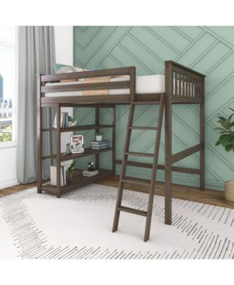Full Size High Loft Bed with Ladder and Bookcase, Solid Wood Frame, Space Saving, 400 lbs Weight Capacity, Easy Assembly, Pecan