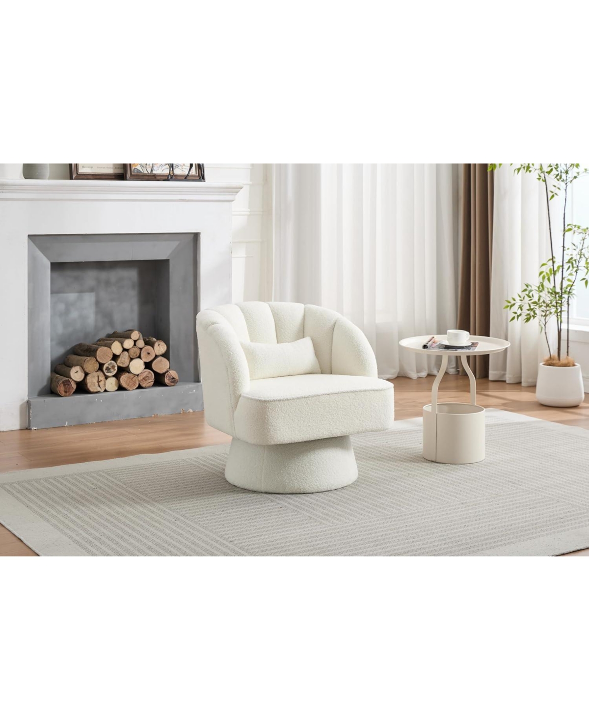 gaomon Modern Swivel Barrel Accent Chair,360 Teddy Fabric Upholstered Armchair with Striped Backrest and Plush Padding,Comfy Round Lounge Chair