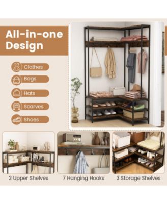 Wood Corner Hall Tree with Shoe Bench and Open Shelves