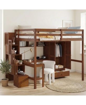 Loft Wood Bed with Desk, Bookshelves and Wardrobe with Doors and Drawer