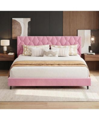 Upholstered Platform Bed Frame with Adjustable Headboard and Wooden Slat Support