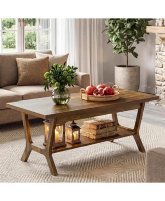 Coffee Table for Living Room,  Farmhouse Rectangle Coffee Table with Storage Shelf, Rustic Wooden Center Tea Table