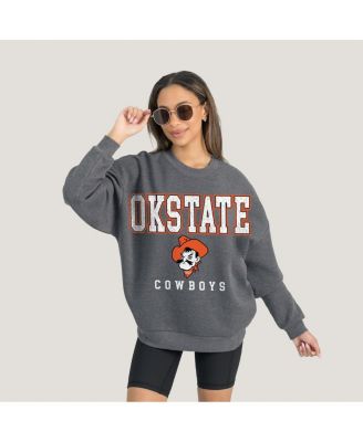 Women's Heather Charcoal Oklahoma State Cowboys Oversized Distressed Fleece Pullover Sweatshirt