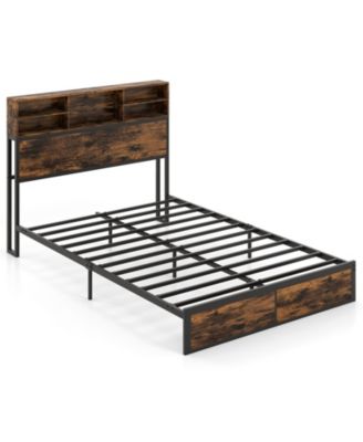 Metal Platform Bed Frame with Storage Headboard, Industrial Style Bedroom Furniture