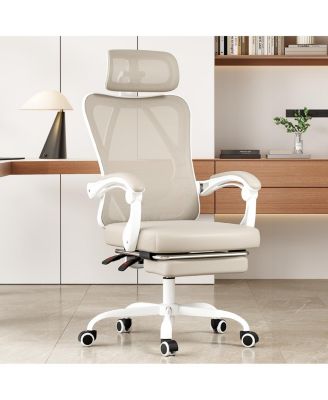 Khaki Mesh Office Chair with Footrest,Adjustable Lumbar Support Chair