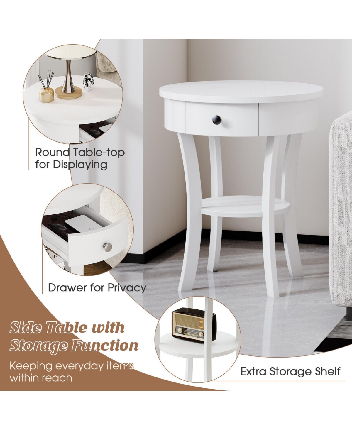 Sugift 2-Tier Wood Round End Table with Open Drawer