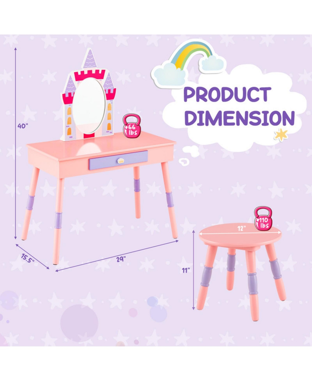 Gouun Wood Kids Princess Vanity Set with Mirror and Stool