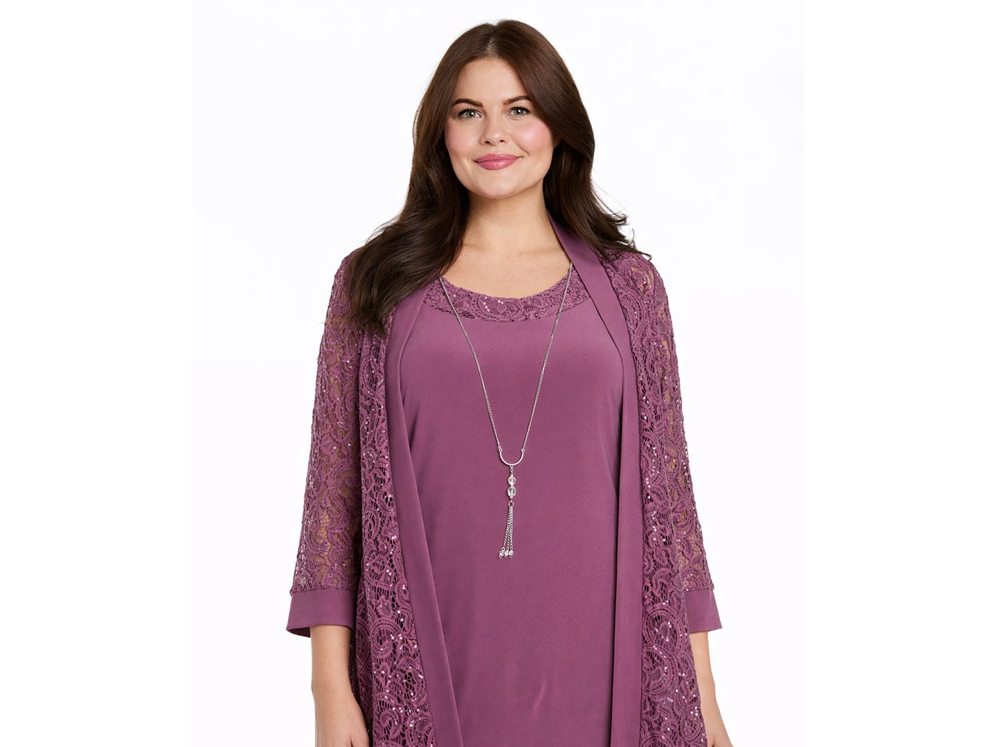 Женские платья R & M Richards 2-Pice. Sequined Lace Jacket & Necklace Dress Set, цвет: Тёмный розовый — фото 3
