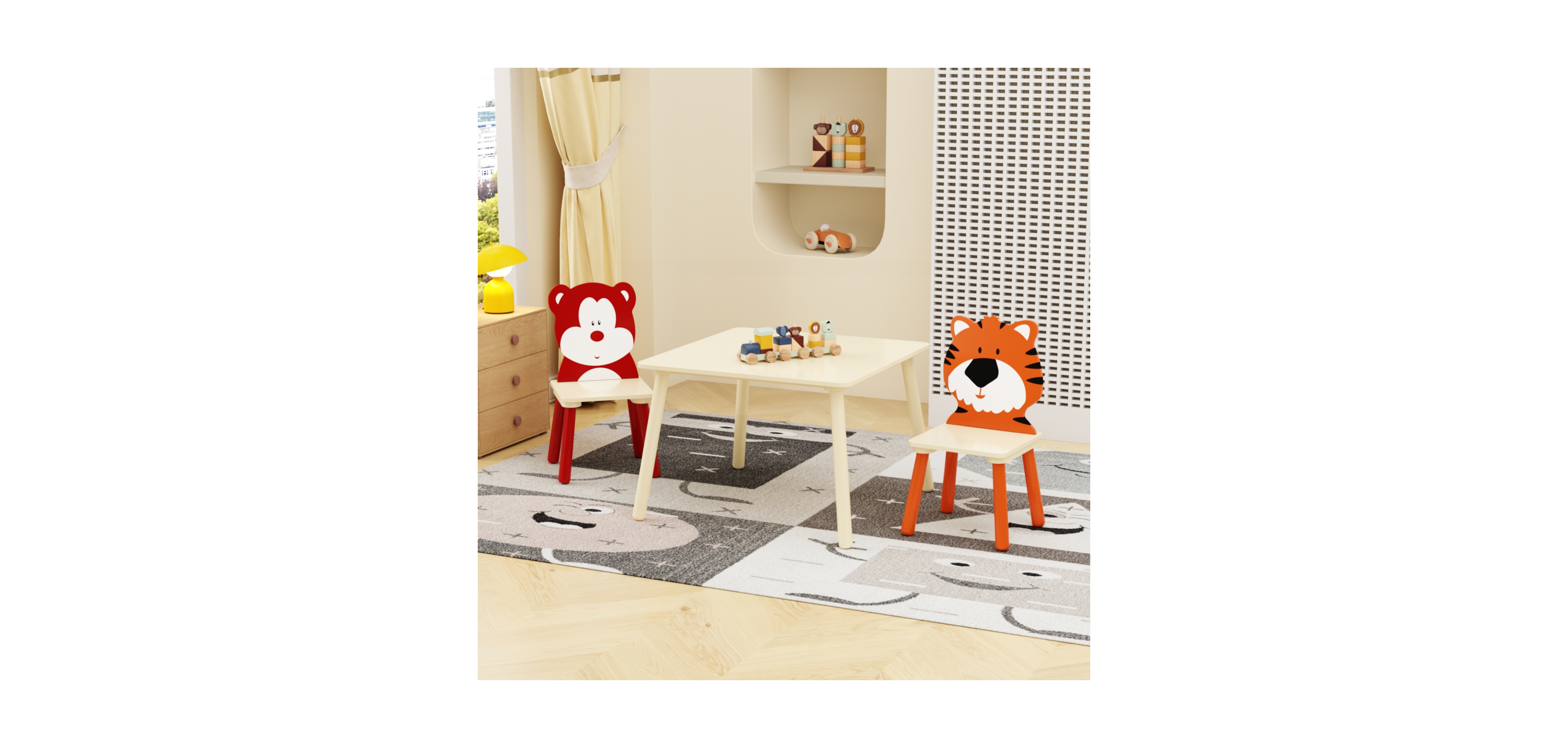 Rainsken 3 Piece Wood Table and Chair Set, with 2 BearandTiger Animals Chairs, Wood Activity Tables Drawing Play Table Set, for Age 2-6 Boy Girl
