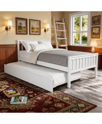 Twin Bed with Trundle, Solid Wood Platform Bed Frame with Headboard, No Box Spring Needed