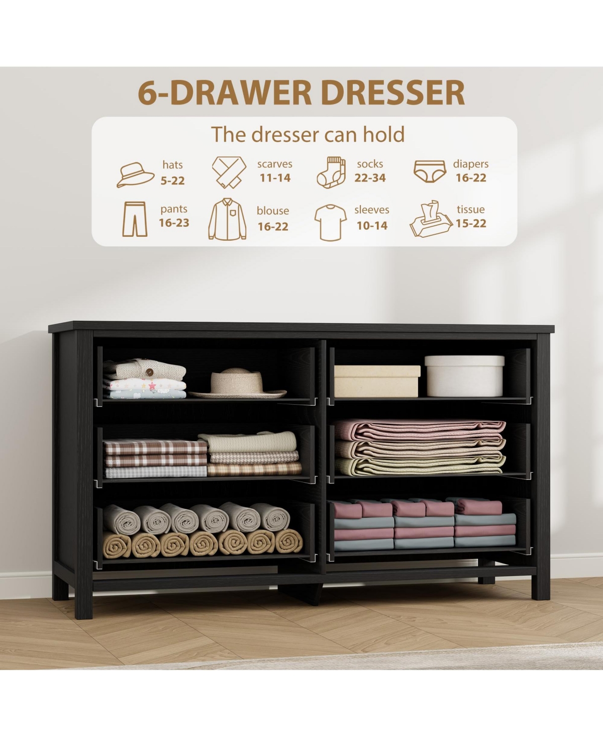 gaomon 6 Drawer Modern Dresser, 47" Wide Wooden Storage Chest and Tv Stand for Bedroom Living Room Hallway