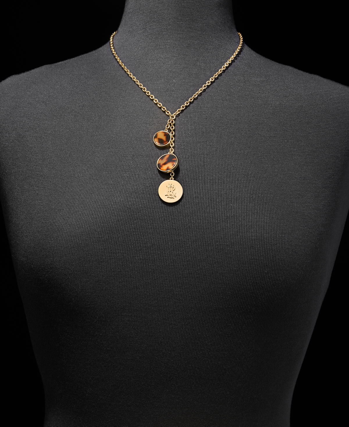 Lauren Ralph Lauren Tortoise-Look & Logo Charm Lariat Necklace, 16" + 3" extender