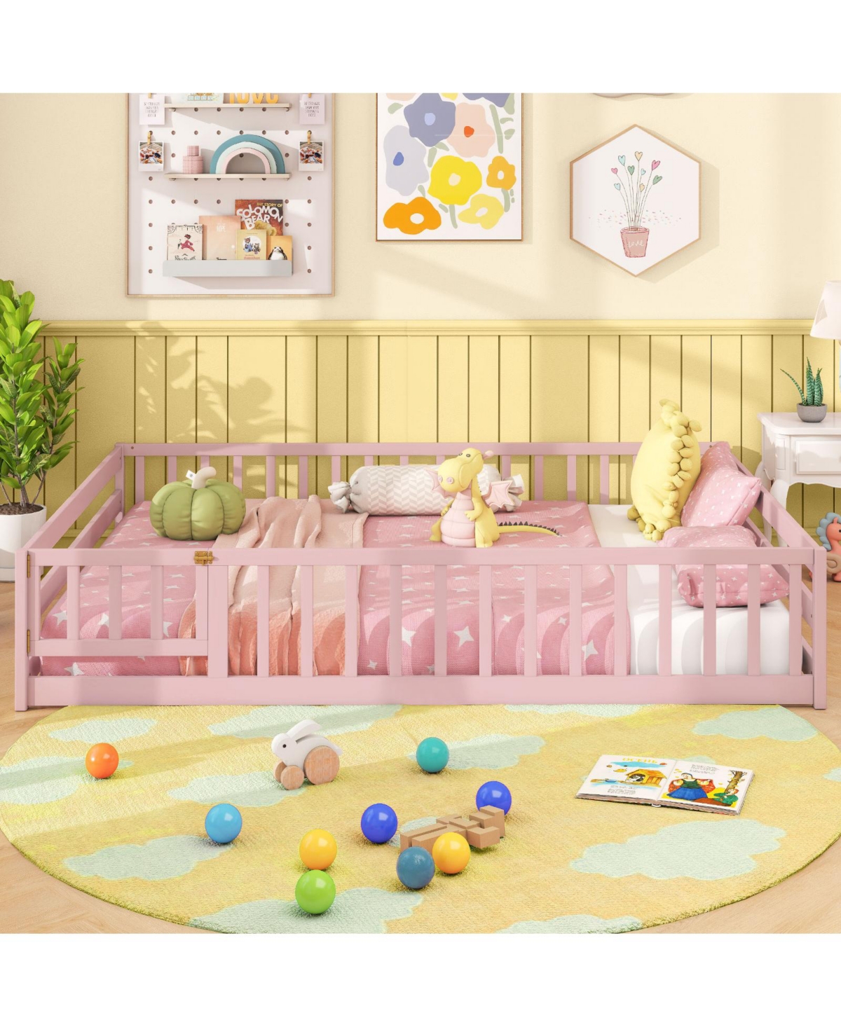 Slickblue Kids Floor Bed with Full Safety Guardrails, Low Height Platform Frame