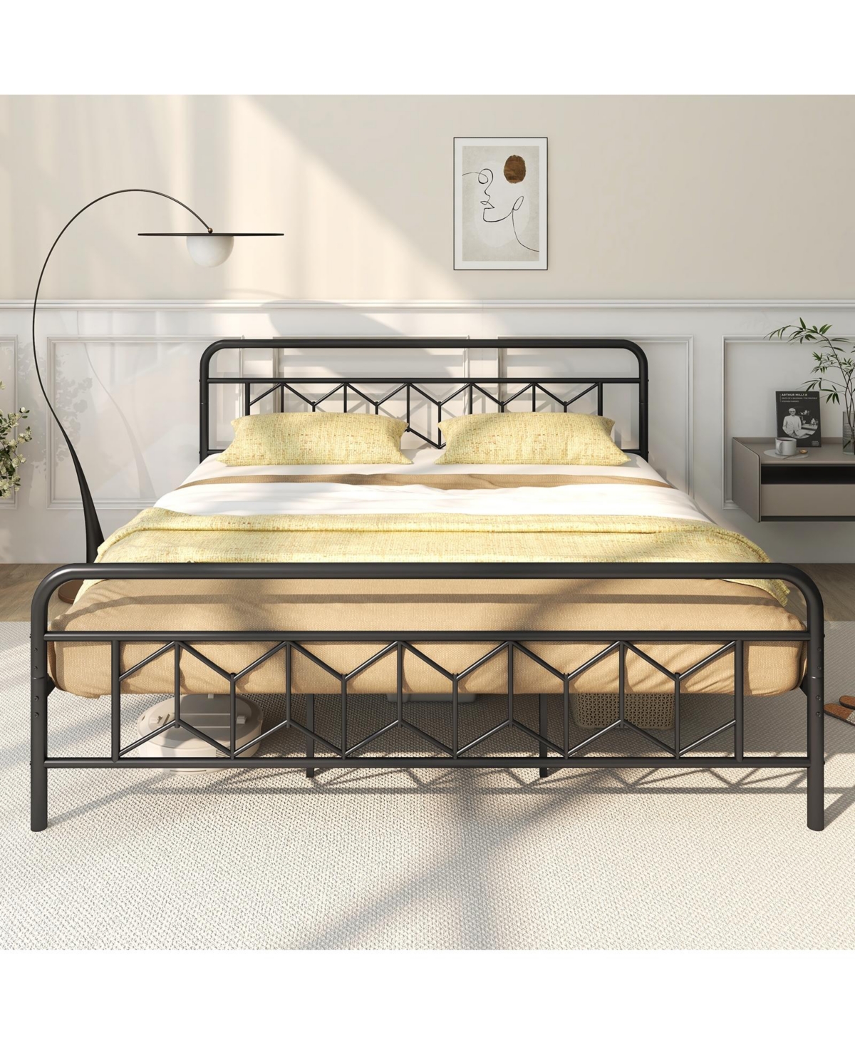 Slickblue Modern Platform Bed with Tall Headboard Secure Snap Lock Slats Design