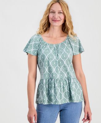 Women's Printed Peplum Scoop-Neck Top