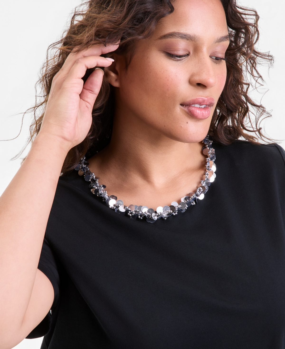 I.n.c. International Concepts Plus Sequin-Neck-Trim T-Shirt, Macy's Exclusive