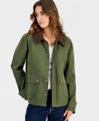 Juniors' Contrast-Collar Snap-Front Barn Jacket