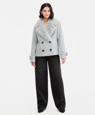 Marilyn & Me Juniors' Faux-Fur-Collar Double-Breasted Jacket
