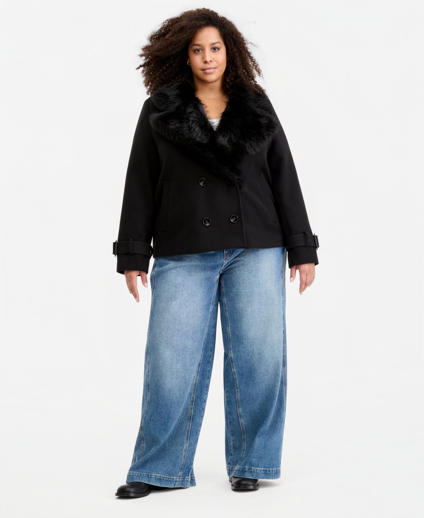 Женское пальто Maralyn & Me Plus Size Faux-Fur-Collar Peacoat, цвет: Чёрный — фото 2