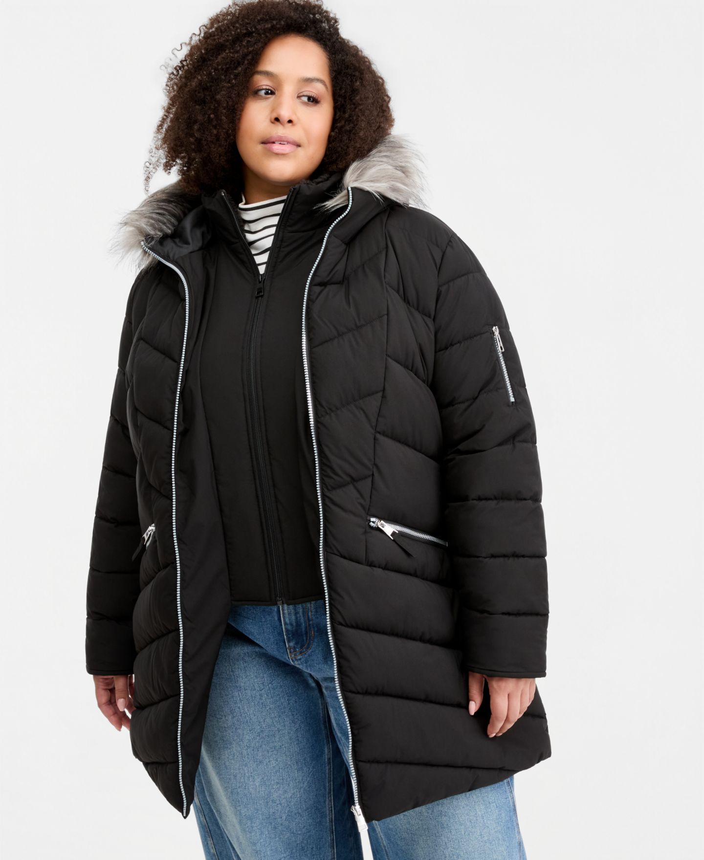 Женская куртка Maralyn & Me Trendy Plus Size Faux-Fur-Trim Hooded Puffer, цвет: Чёрный — фото 3