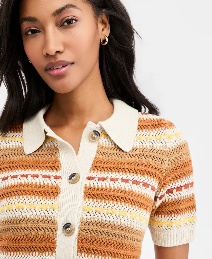 Women's Textured Stripe Short-Sleeve Collared Cardigan - thumbnail 2
