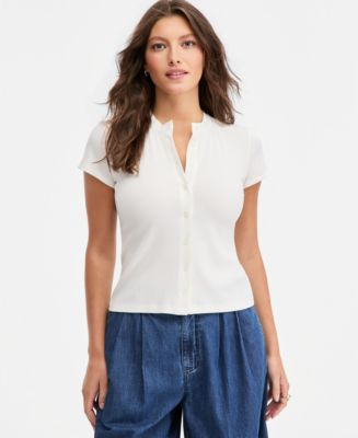 On 34th Women's Rib-Knit Short-Sleeve Button Front Top