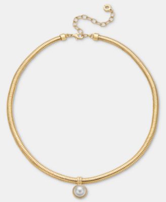 Gold-Tone Omega Chain Faux Imitation Pearl Pendant Necklace