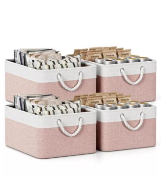 4 Pack Collapsible Fabric Storage Bins with Rope Handles, Cotton Linen Storage Baskets for Closet Shelves
