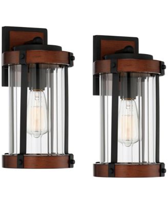 Stan Industrial Outdoor Wall Light Fixtures Set of 2 Dark Wood Black Metal 13 Clear Glass for Post Exterior Barn