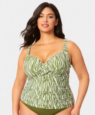 Plus Size V-Neck Underwire Printed Drape Front Tankini Top