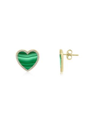 Large Malachite CZ Halo Heart Stud Earrings 14K Gold-Plated Sterling Silver