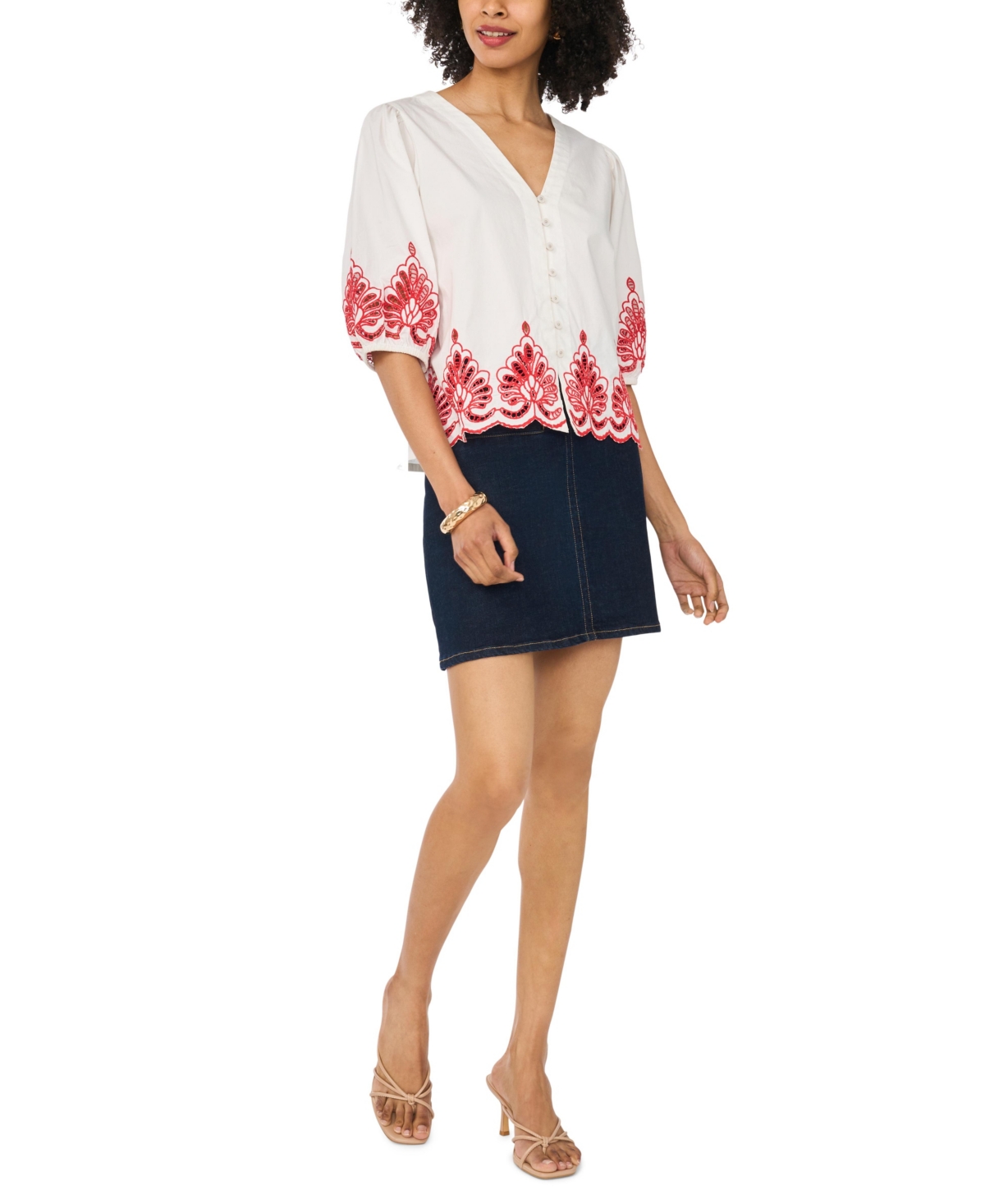 Vince Camuto Women's Cotton Embroidery Hem V-Neck Top