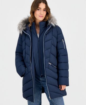 Juniors' Faux-Fur-Trim Hooded Puffer Coat