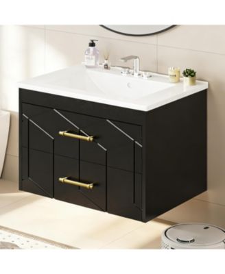 Floating Bathroom Vanity with Sink, Modern Wall-Mounted Cabinet with Ceramic Top, 2 Drawer Storage for Small Bathroom or Apartment