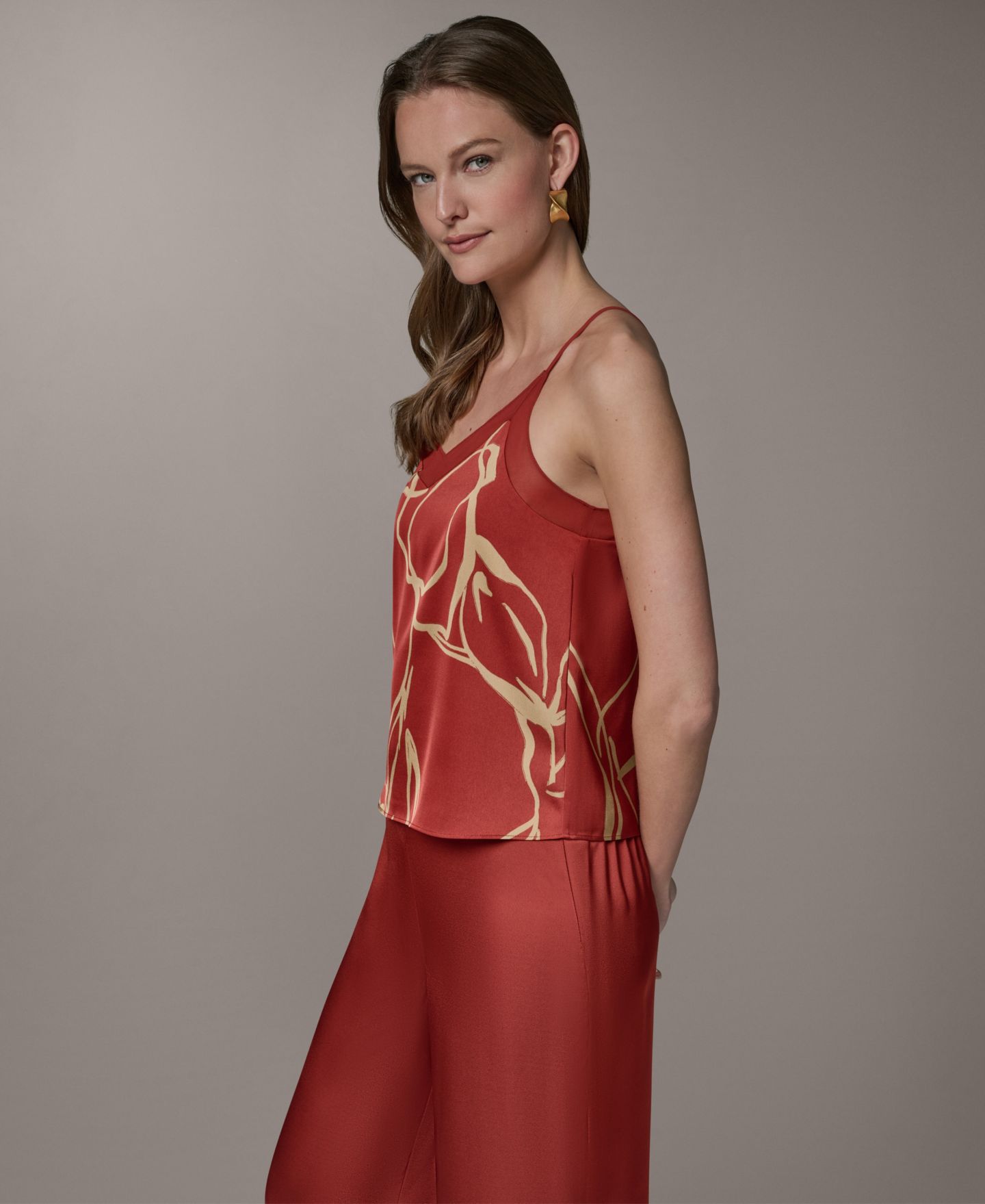 Женский топ-камзол Donna Karan New York с принтом, V-образным вырезом и кружевной отделкой, цвет: Sunbaked/F — фото 3
