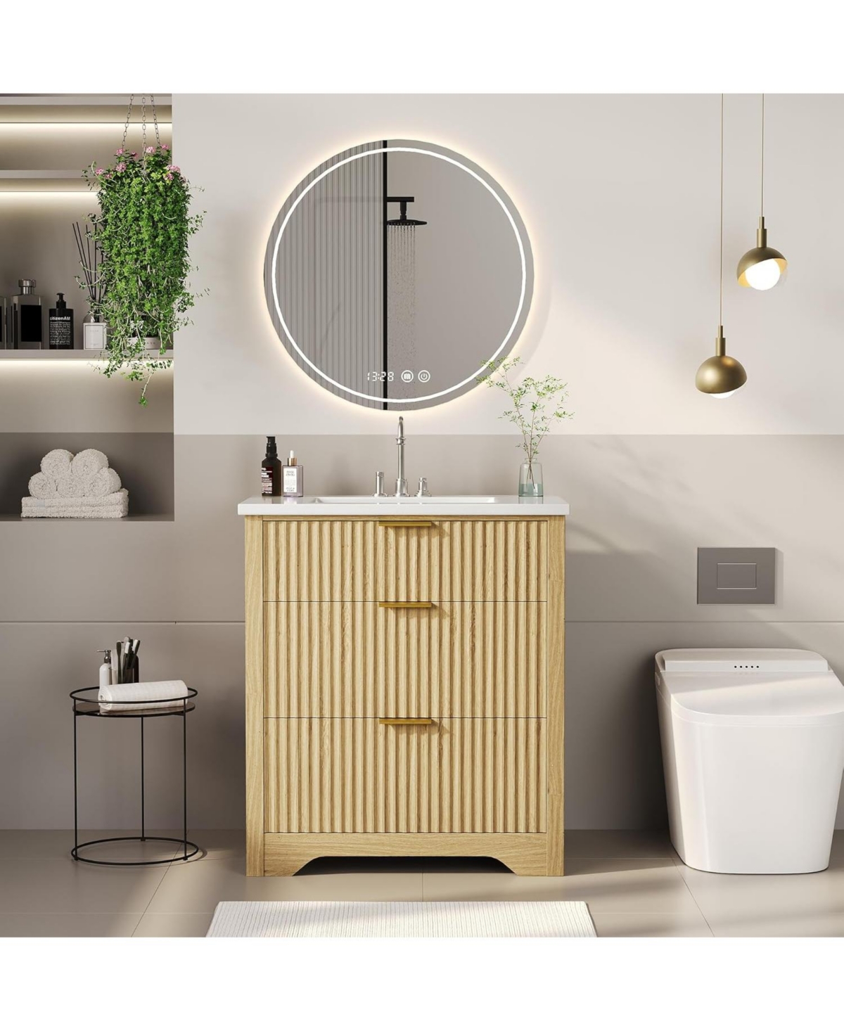 gaomon Fluted Bathroom Vanity with Sink, Farmhouse Freestanding Cabinet with 2 Drawers and Flip-Down Storage, Space-Saving for Small Bathroom
