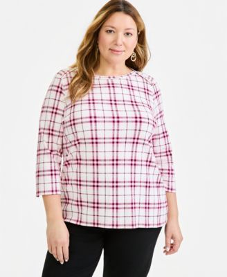 Plus Size Printed 3/4 Sleeve Boat-Neck Top