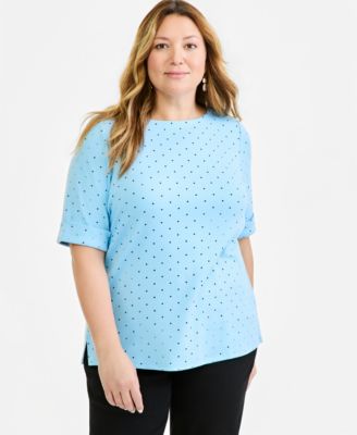 Plus Size Printed Boat-Neck Elbow-Sleeve Top
