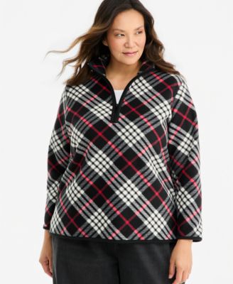 Plus Size Mock-Neck Quarter-Zip Plaid Fleece Pullover Sweatshirt