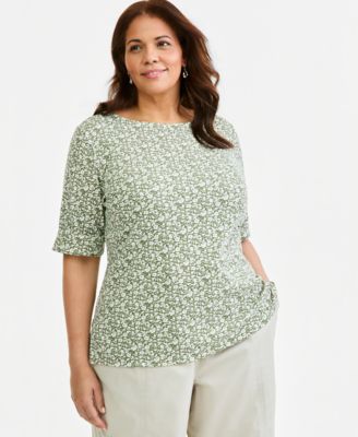 Plus Size Nala's Garden Elbow-Sleeve Floral Boat-Neck T-Shirt