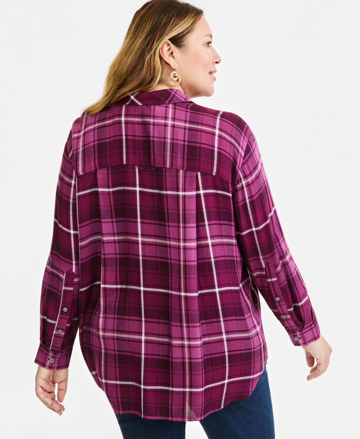 Plus Plaid Oversized Roll-Tab Button-Front Shirt