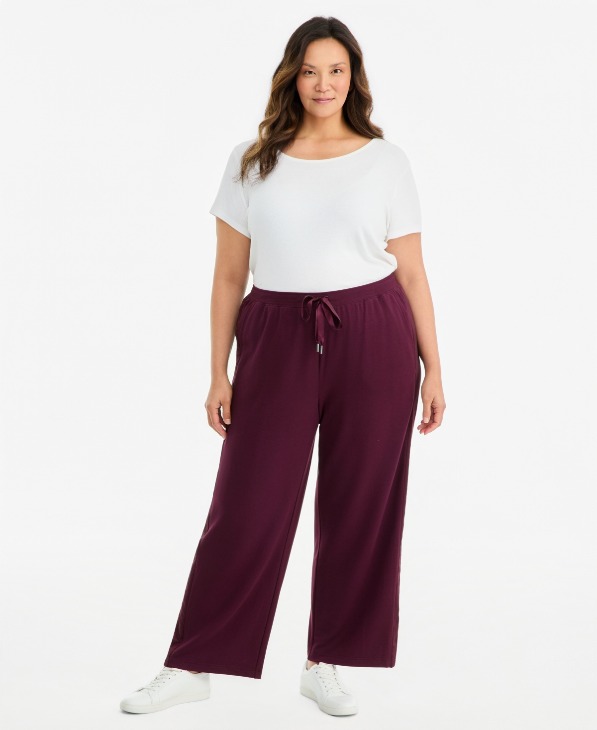 Style & Co Plus Size LuxLounge French Terry Wide-Leg Satin-Trim Sweatpants, Macy's Exclusive - Berry Jam