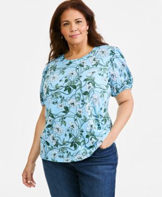 Plus Mix Media Puff-Sleeve Floral-Print Cotton-Modal Blend T-Shirt