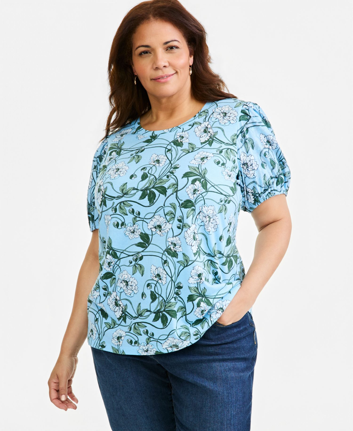 Plus Printed Mix Media Puff-Sleeve Top