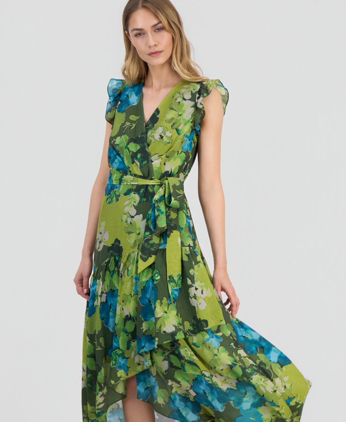 Anne Klein Women's Floral-Print Chiffon Tie-Waist Midi Dress