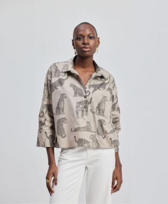 Women's Oversized Cropped Button-down Shirt In Animal Print