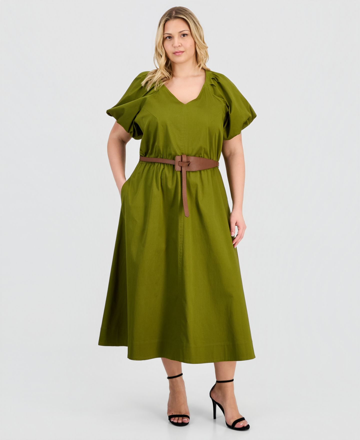 Женское платье Anne Klein Plus-Size Sateen V-Neck Midi, цвет: Ivy — фото 1