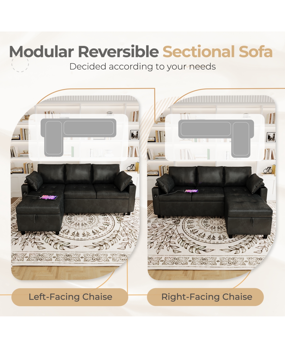 Aecojoy Sleeper Sofa Bed, 3-in-1 Pull Out Couch with Reversible Chaise, Leather