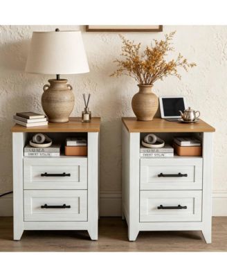 Set of 2 Farmhouse Nightstand with 2 Drawer and Open Compartment, Side Table with Charging Station, End Table with Storage Shelf for Bedroom
