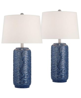 Waves  Tall Modern Coastal 3-Way Table Lamps Set of 2 Blue Ceramic White Shade Living Room Bedroom Bedside